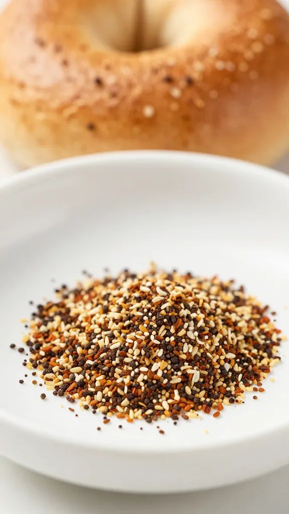 sprinkle of everything bagel seasoning on white dish, macro