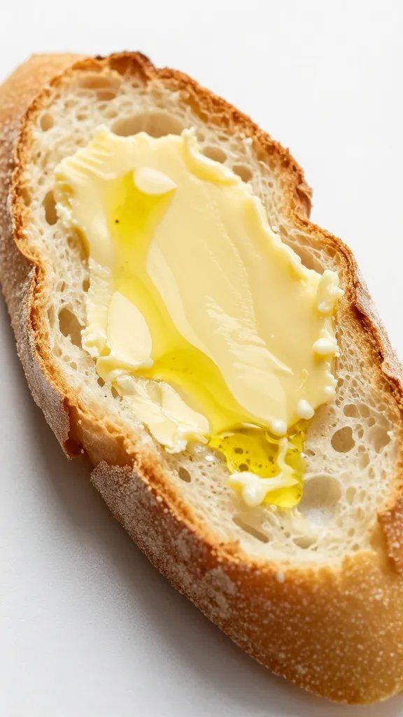 buttered baguette slice brushed with olive oil, closeup