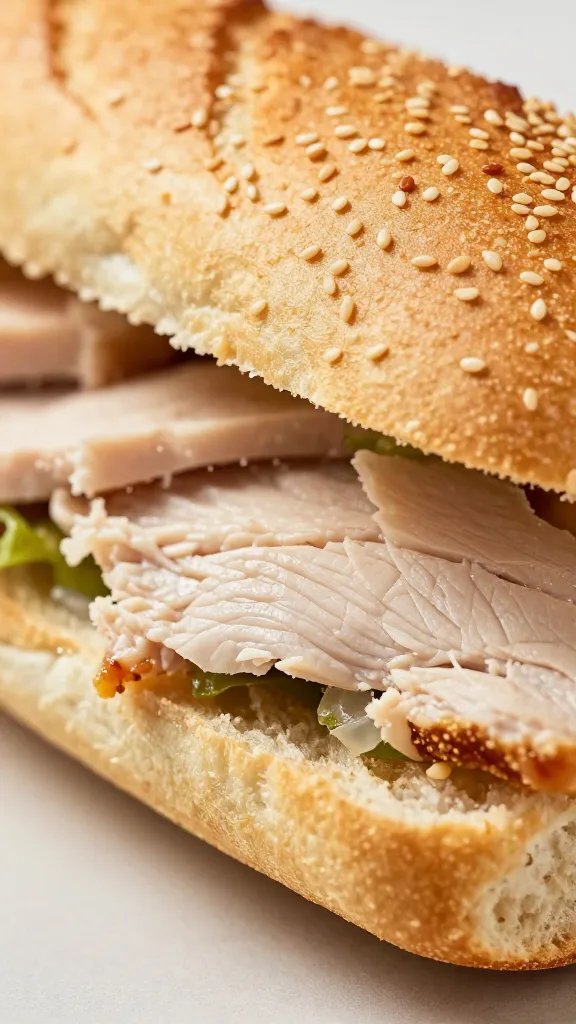 closeup banh mi chicken sandwich on sesame baguette