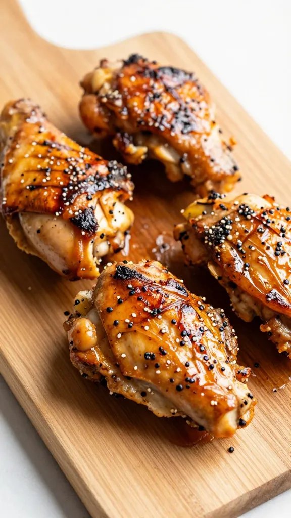 marinated grilled chicken thighs on wooden board