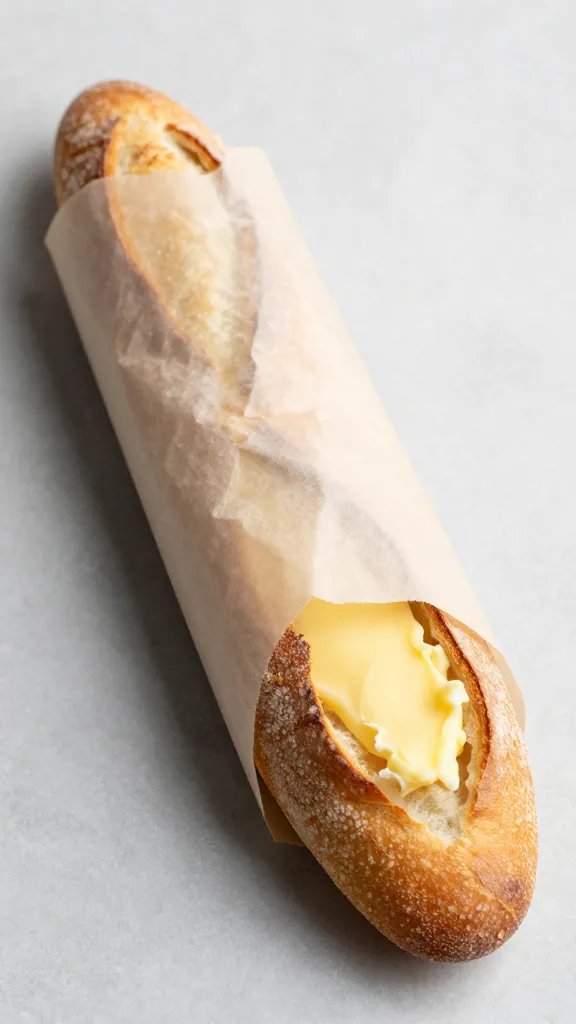flaky buttered baguette half wrapped in parchment