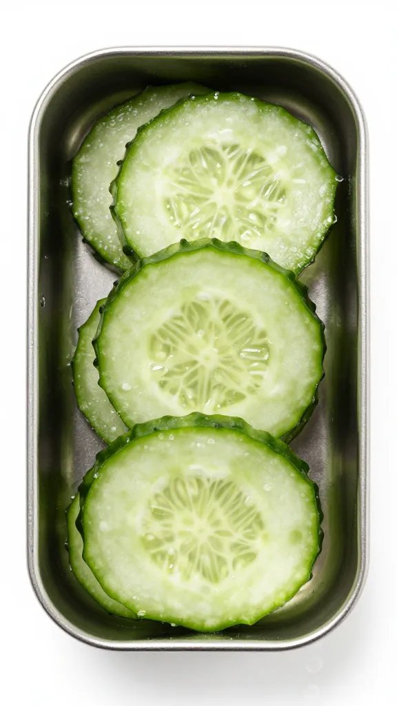 chilled cucumber slices in stainless lunch tin