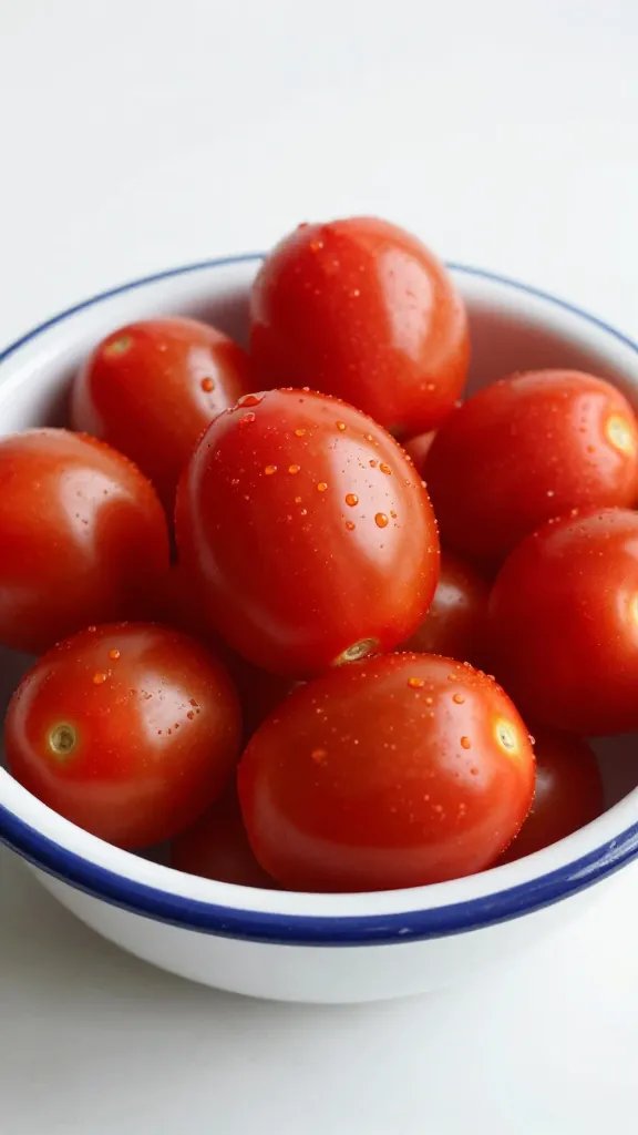 ripe cherry tomatoes in small enamel bowl