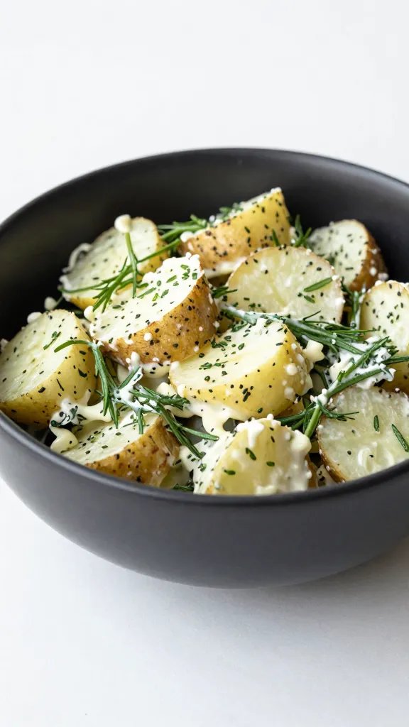 herby potato salad in matte black bowl