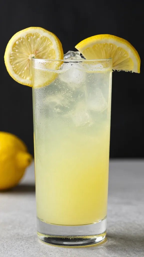 sparkling lemonade in single glass with lemon wheel