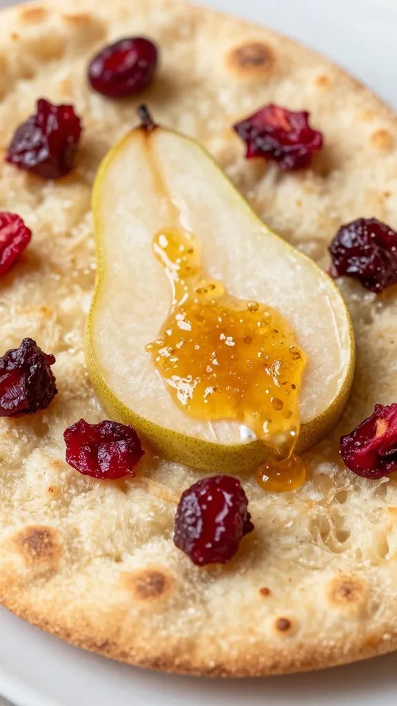 closeup slice of pear-brie-cranberry flatbread with hot honey