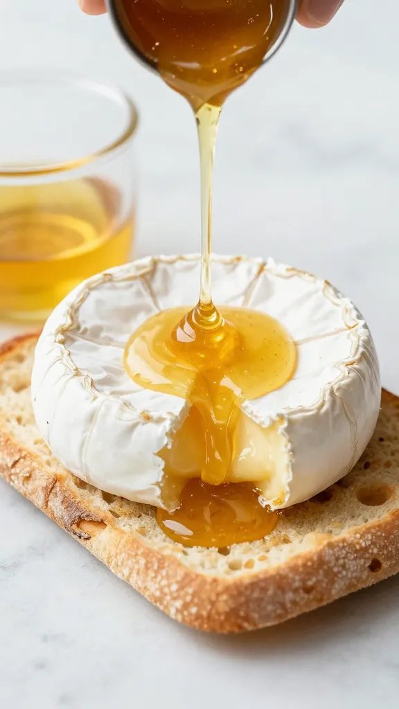 drizzle of hot honey over melted brie on flatbread