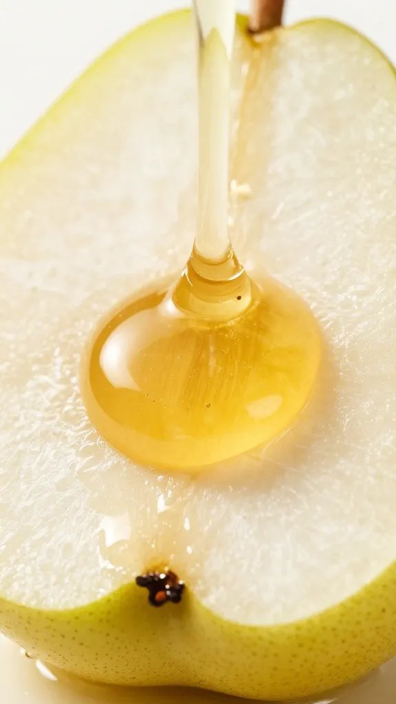 glossy hot honey droplet on pear slice