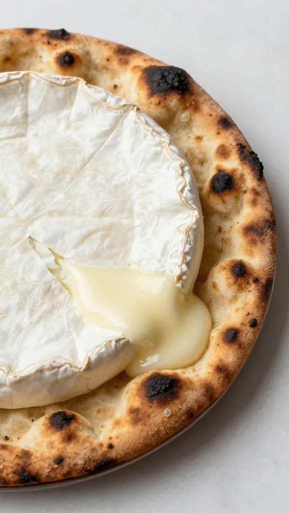 charred flatbread edge with melted brie ooze