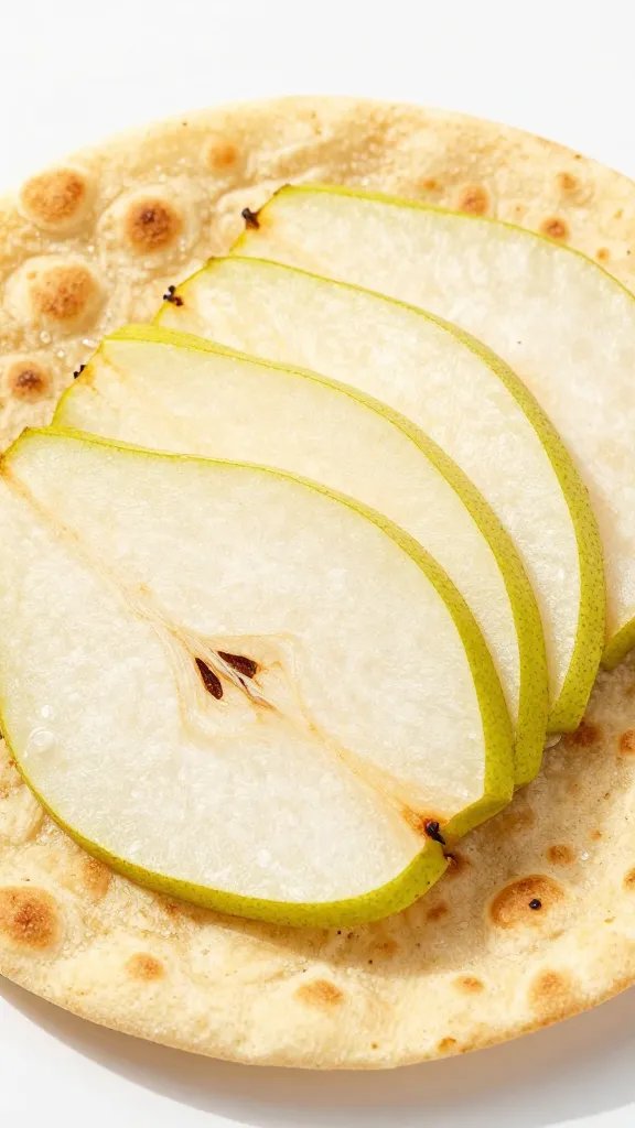 thinly sliced pear fan on golden flatbread