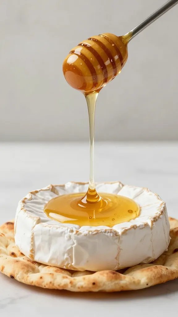 hot honey dipper hovering above brie-topped flatbread