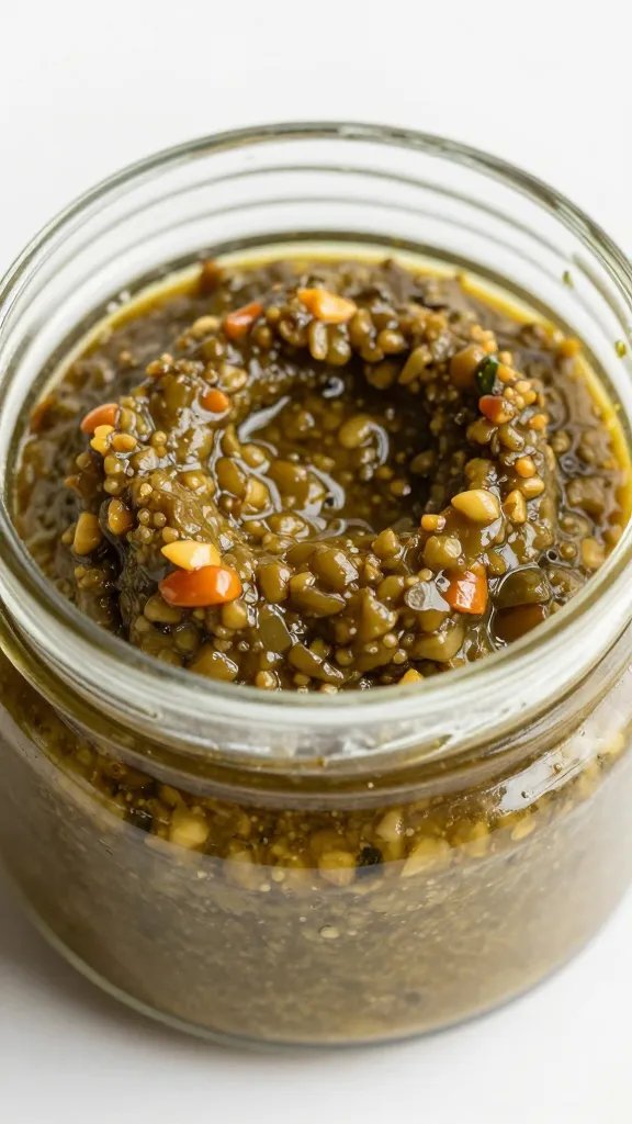 closeup of chunky olive tapenade in small glass jar