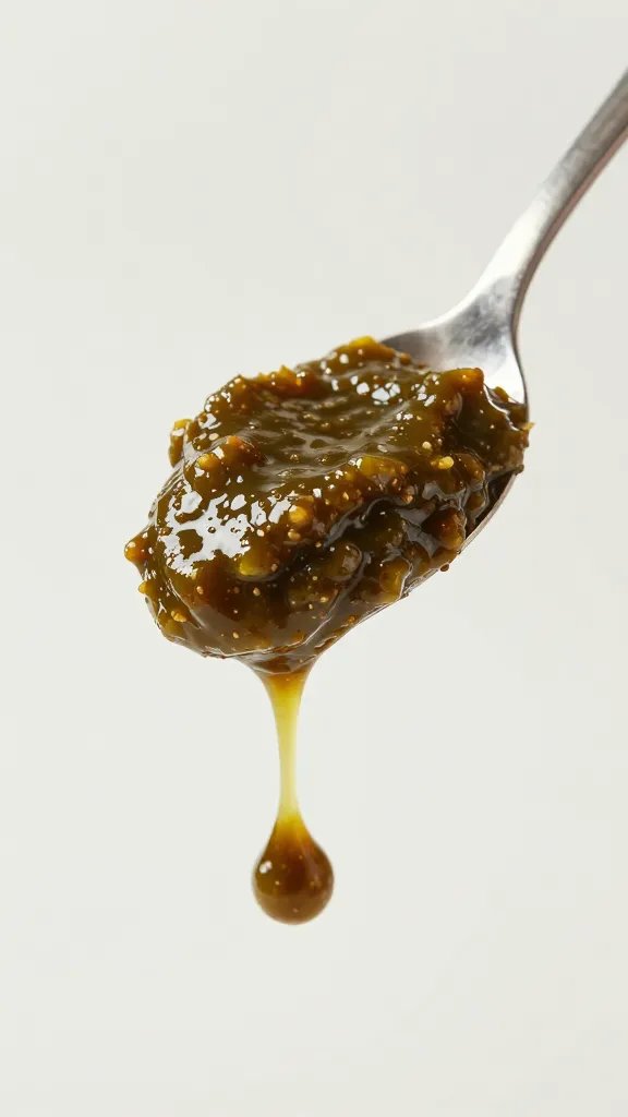 spoonful of thick olive tapenade holding shape mid-air