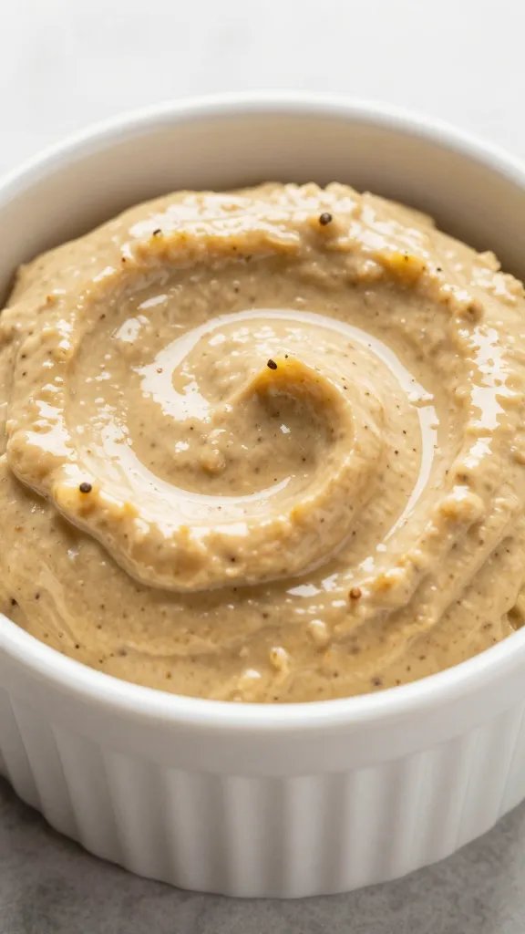 smooth tapenade in ramekin with glossy, non-drippy surface