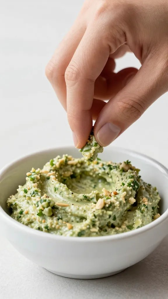 breadcrumb pinch hovering over tapenade bowl, shallow depth