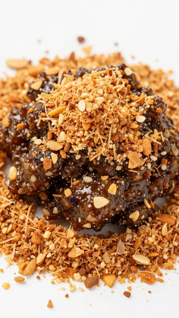 finely ground almonds sprinkled onto tapenade, macro shot