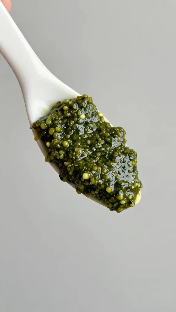 small offset spatula coated with textured tapenade, closeup