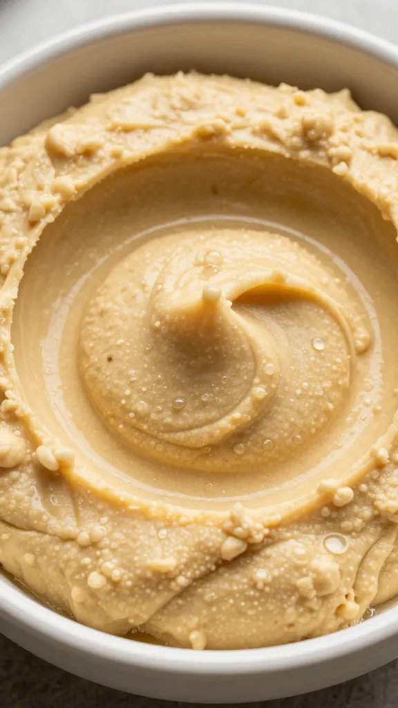 closeup of swirl-topped classic hummus in ceramic bowl