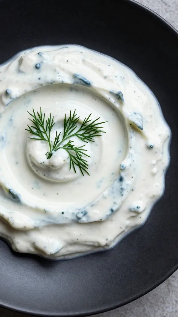 closeup of tzatziki with dill on matte black plate