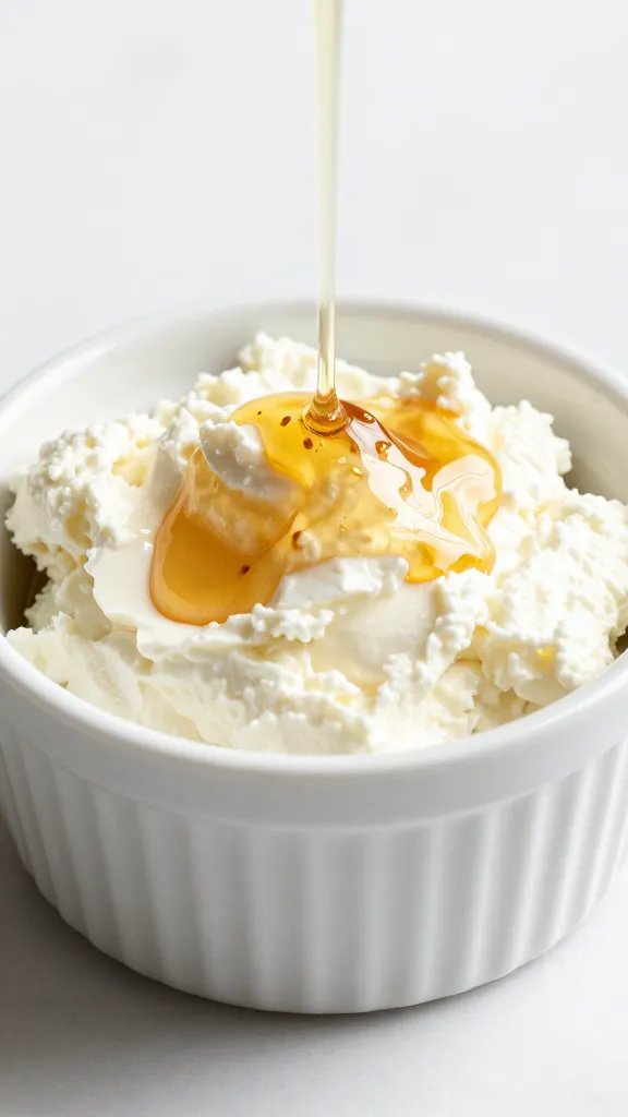 whipped feta in white ramekin, honey drizzle highlight