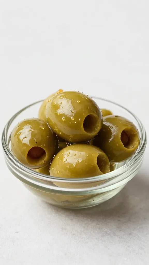 marinated Castelvetrano olive in small glass dish
