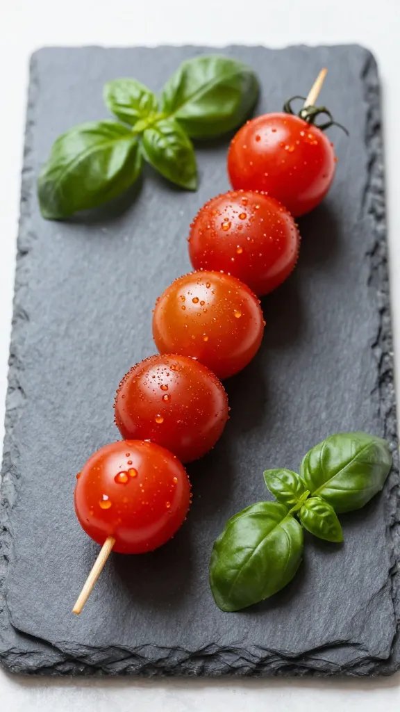 cherry tomato skewer with basil on slate board