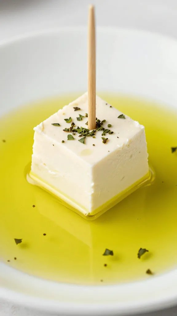 feta cube on toothpick, oregano and olive oil