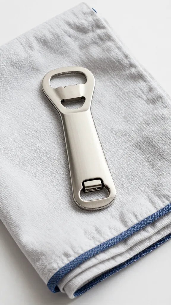 stainless steel bottle opener on folded picnic blanket