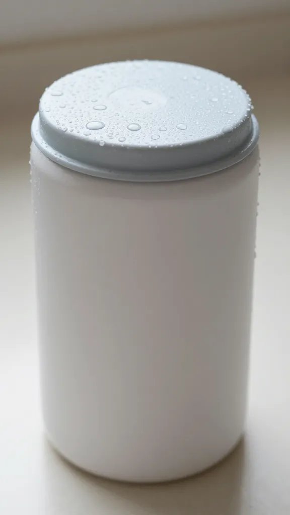 wet wipes canister with snap lid, water droplets visible