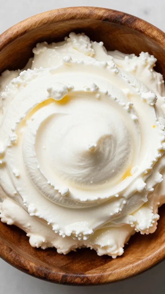 wooden bowl of honey whipped goat cheese, overhead closeup
