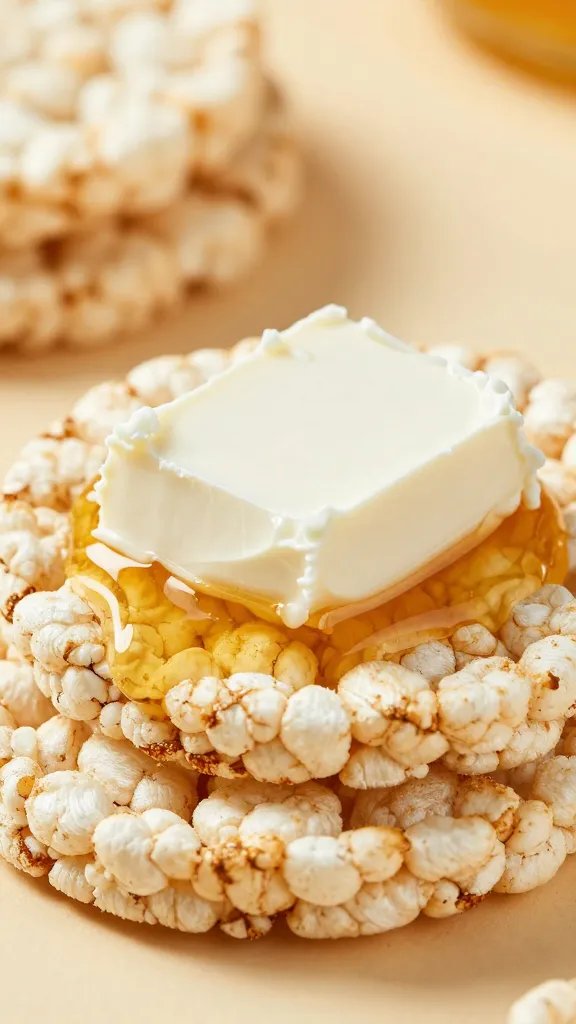 single rice cracker dipped in honey goat cheese, closeup