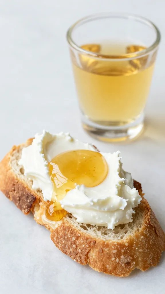 crostini topped with honey whipped goat cheese, tight shot