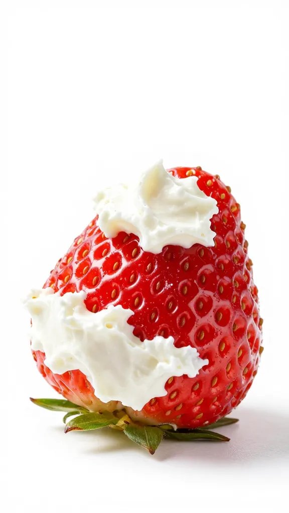 single strawberry half dipped in whipped goat cheese, macro