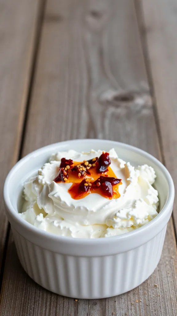 ceramic ramekin of whipped goat cheese with chili crisp