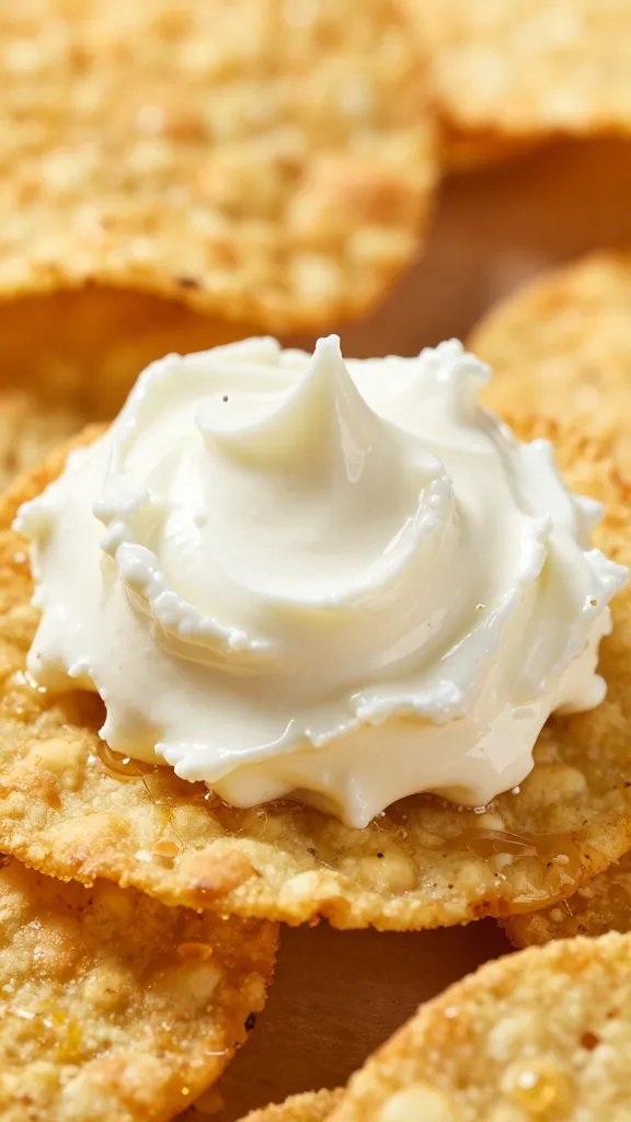 pita chip coated in honey whipped goat cheese, closeup