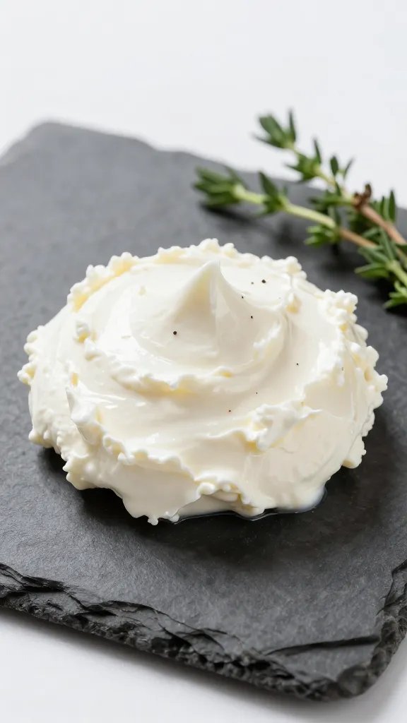 thyme-topped mound of whipped goat cheese on slate