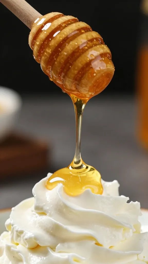 honey dipper dripping over whipped goat cheese, macro closeup