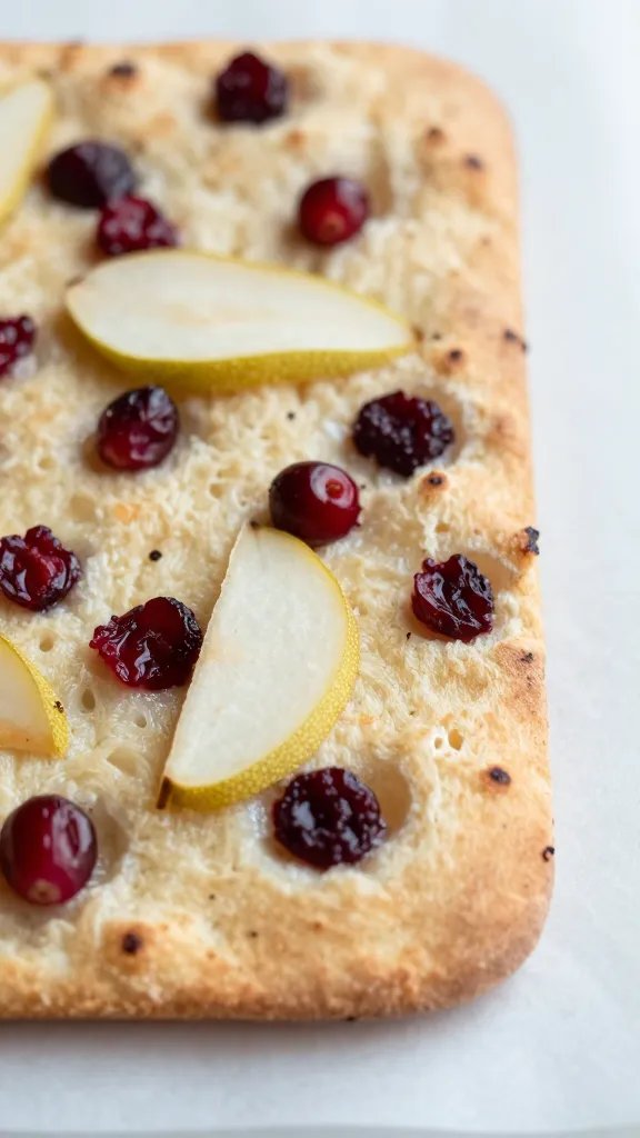 closeup of pear-brie-cranberry flatbread slice on parchment