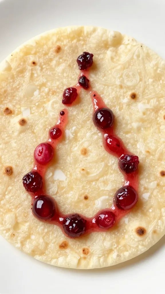 thin pear fan atop crisp flatbread with cranberry glaze