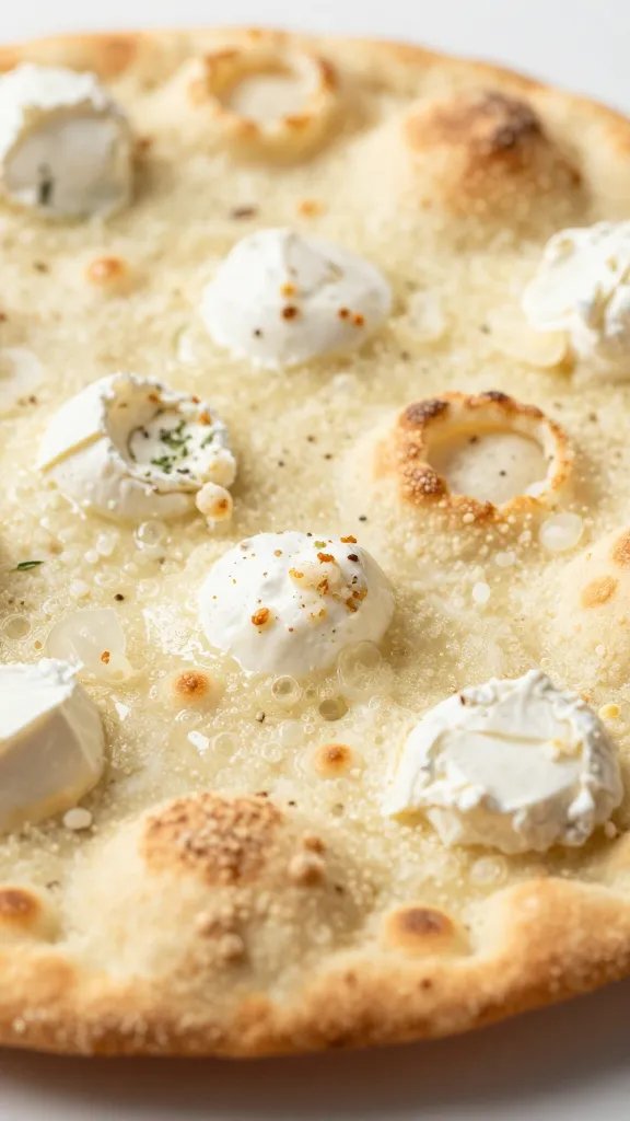 golden flatbread crust with brie bubbles, macro shot