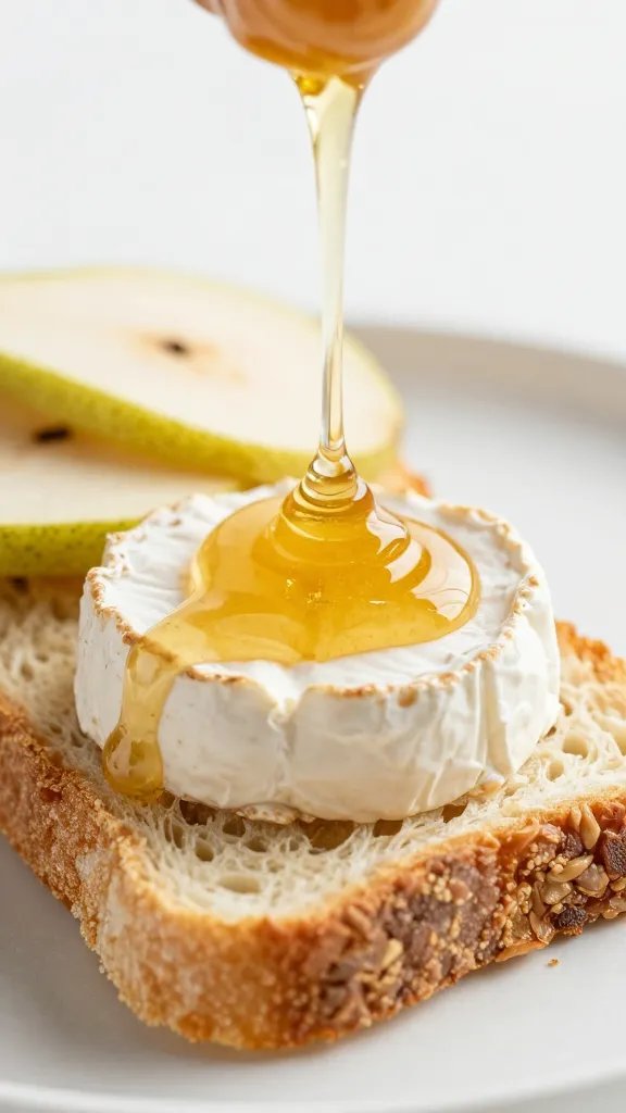 drizzle of honey on pear-brie flatbread slice, closeup