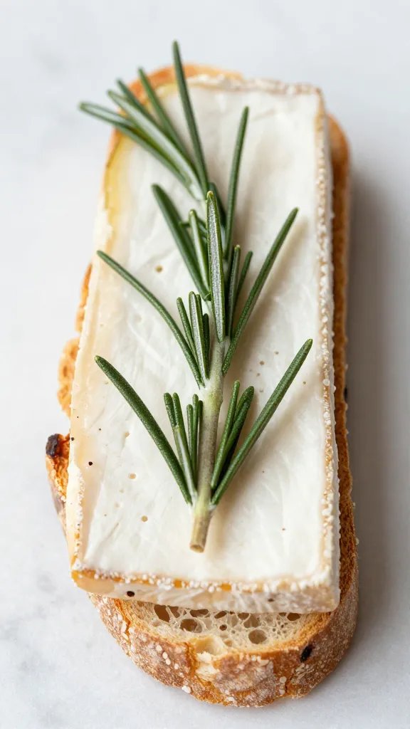 rosemary sprig resting on pear-brie flatbread surface