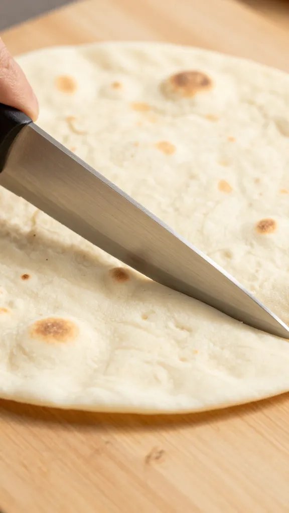 sharp knife cutting a single flatbread slice, close crop