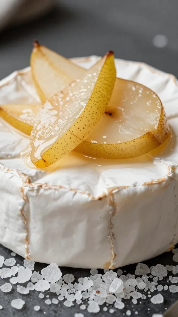 sea salt flakes on glossy brie and pear topping, macro