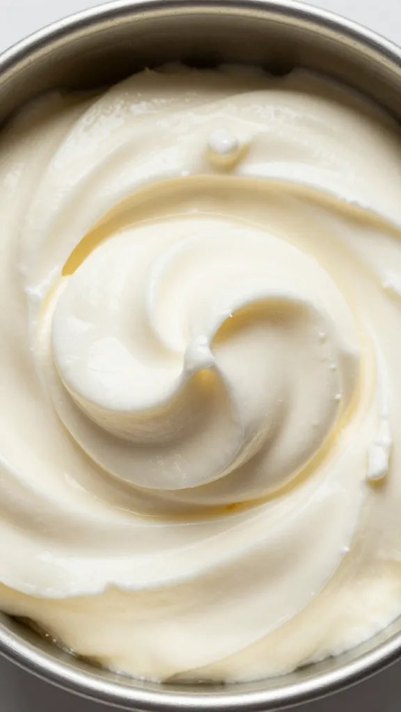 closeup honey whipped goat cheese swirl in shallow tin