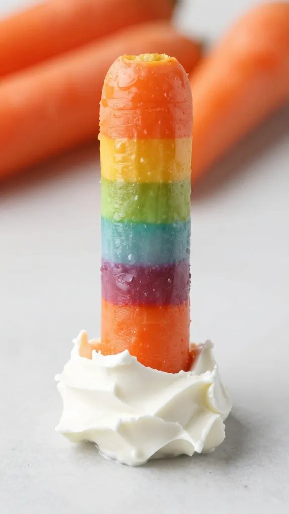 rainbow carrot stick dipped in goat cheese