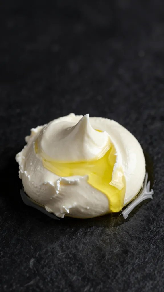 olive oil sheen on whipped goat cheese dollop