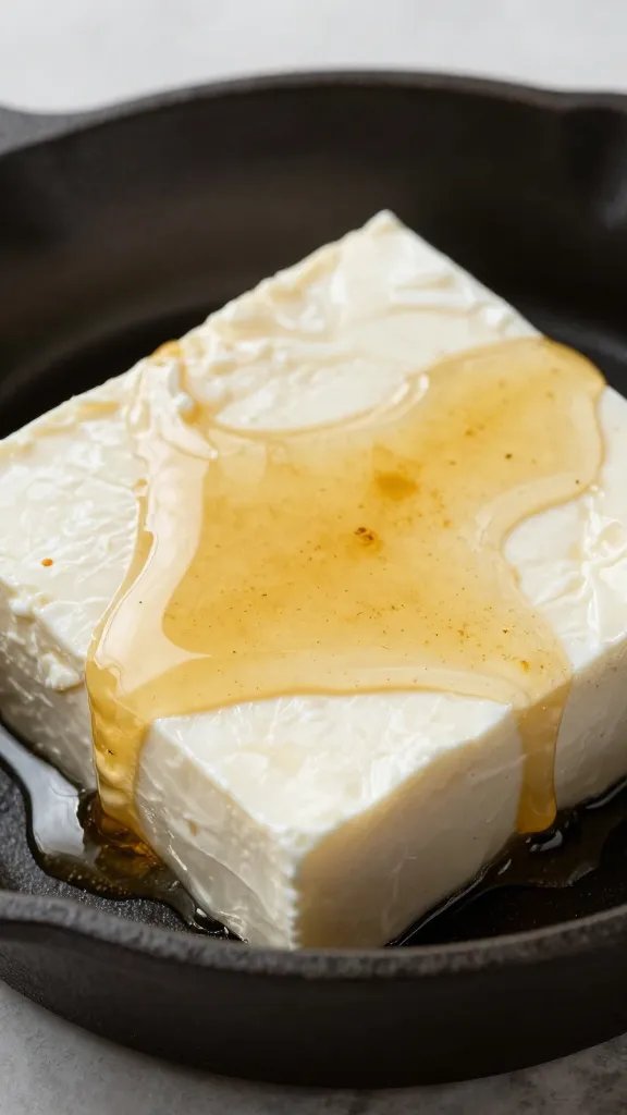 closeup of honey-draped feta on small cast-iron skillet
