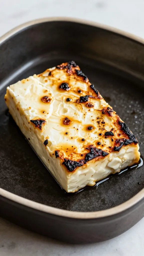 roasted feta block with charred edges on stoneware dish