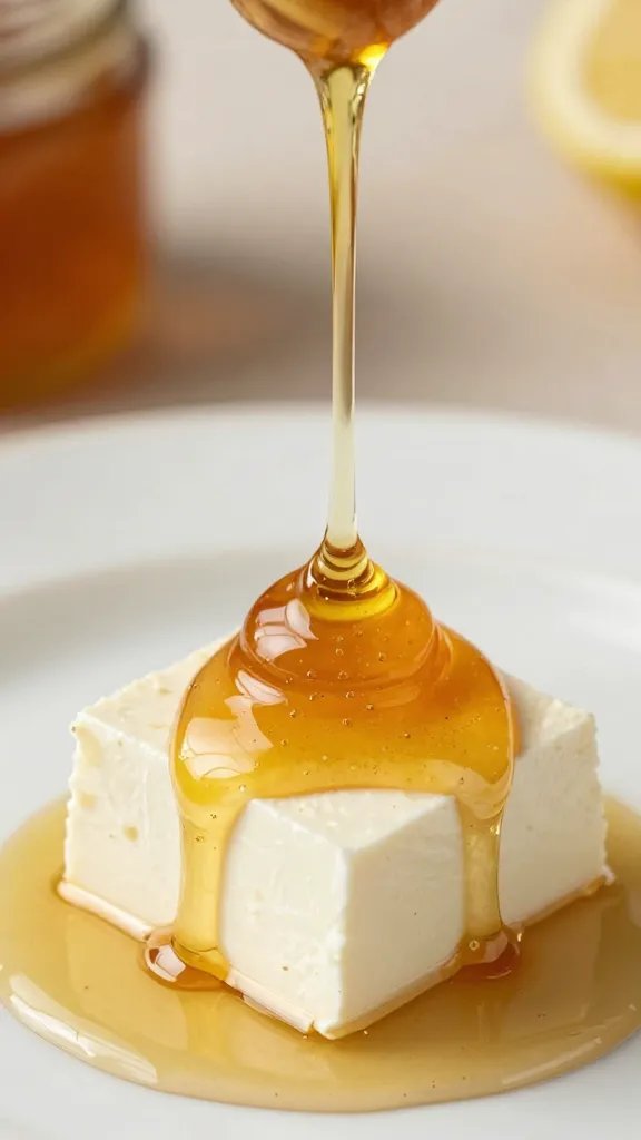 sticky hot honey stream over warm feta cube